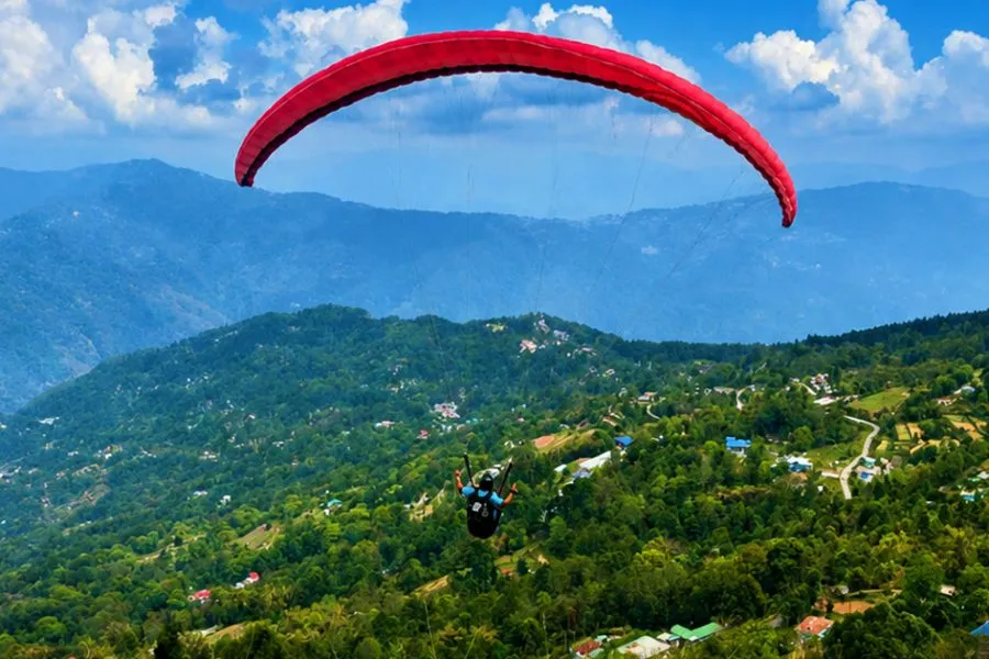 Tandem paragliding above the green hills of South Sikkim