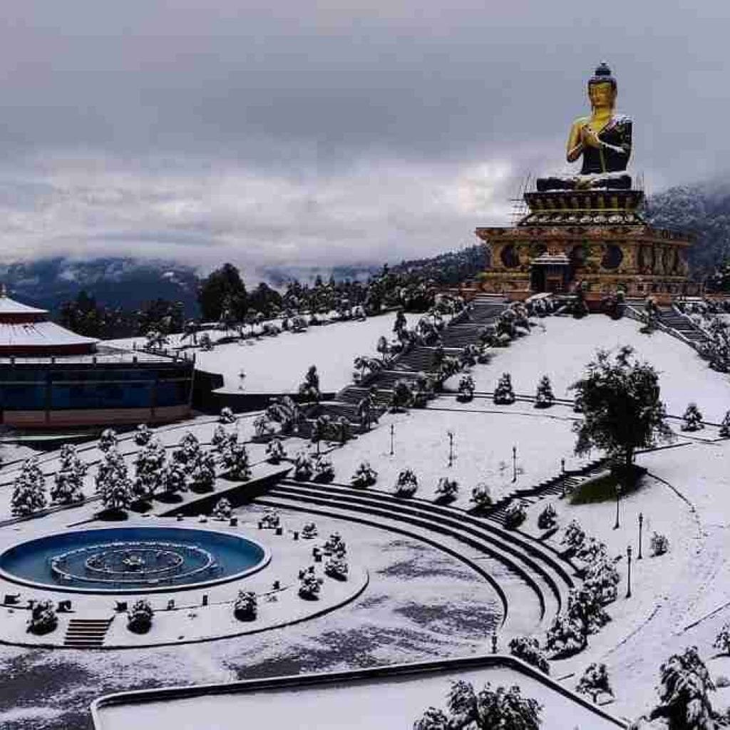 Buddha park covered with snow