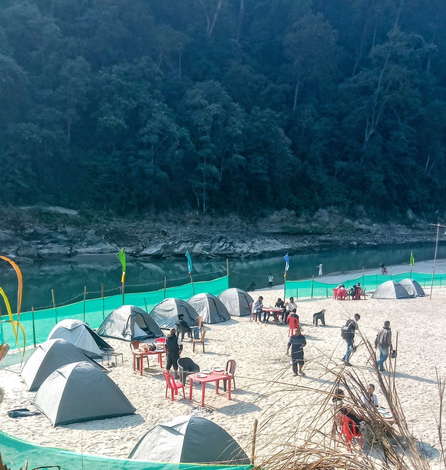 Tented campsite on the Rangit River bank at Champa, Melli